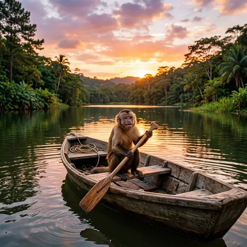 Monkey in Boat | Serene Lakeside Scene