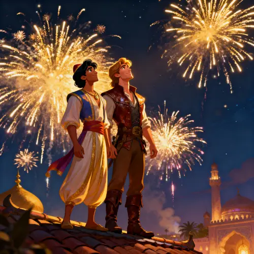 Aladdin and Flynn Rider on the Rooftop Fireworks Scene