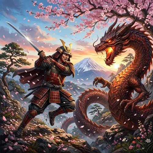 Samurai Battles Dragon: Epic Fight Under Cherry Blossom Tree