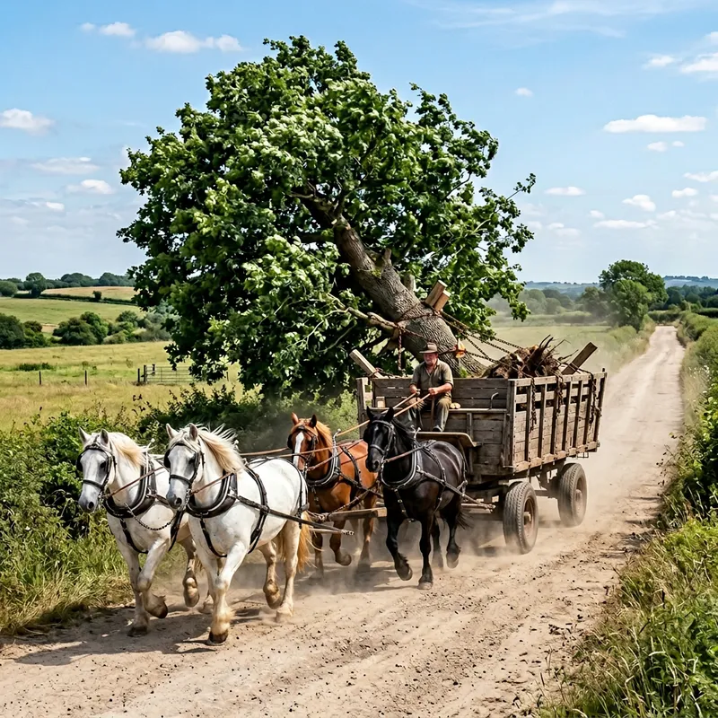 Transporting a Large Tree by Horse-Drawn Cart with Muscular Horses