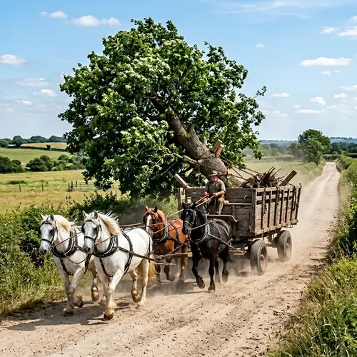 Transporting a Large Tree by Horse-Drawn Cart | Countryside Scene