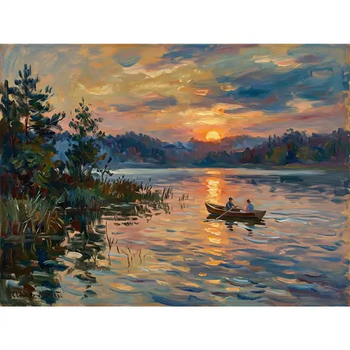 Serene Sunset Over a Tranquil Lake in Impressionist Style