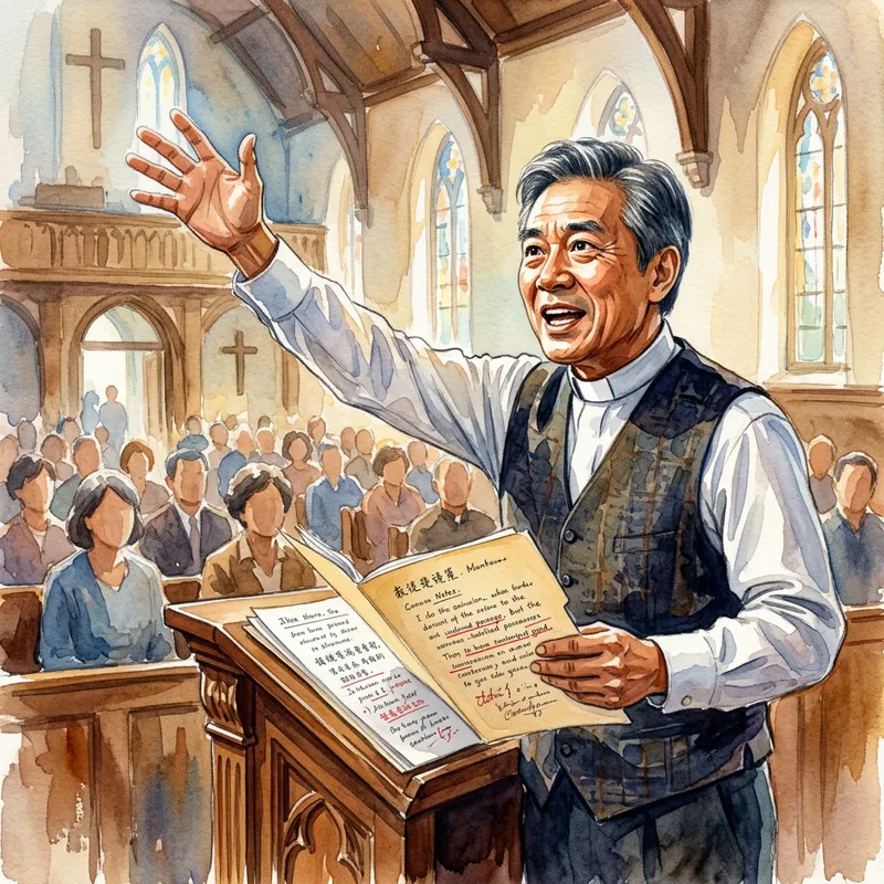 Passionate Preacher with Preaching Notes in Church Passionate Preacher with Preaching Notes in Church