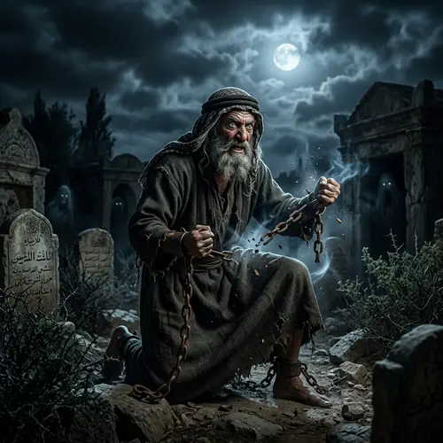 Powerful Middle Eastern Man Breaking Iron Shackles in Eerie Graveyard