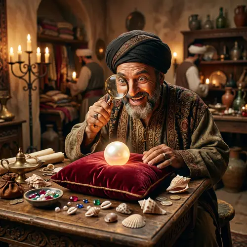Middle-Eastern Merchant Discovers Luminescent White Pearl