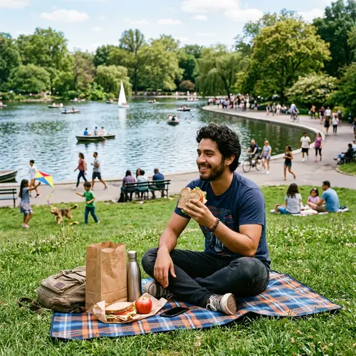 Serene Park Scene with Green Grass, Lake, and Lunch Enjoyment