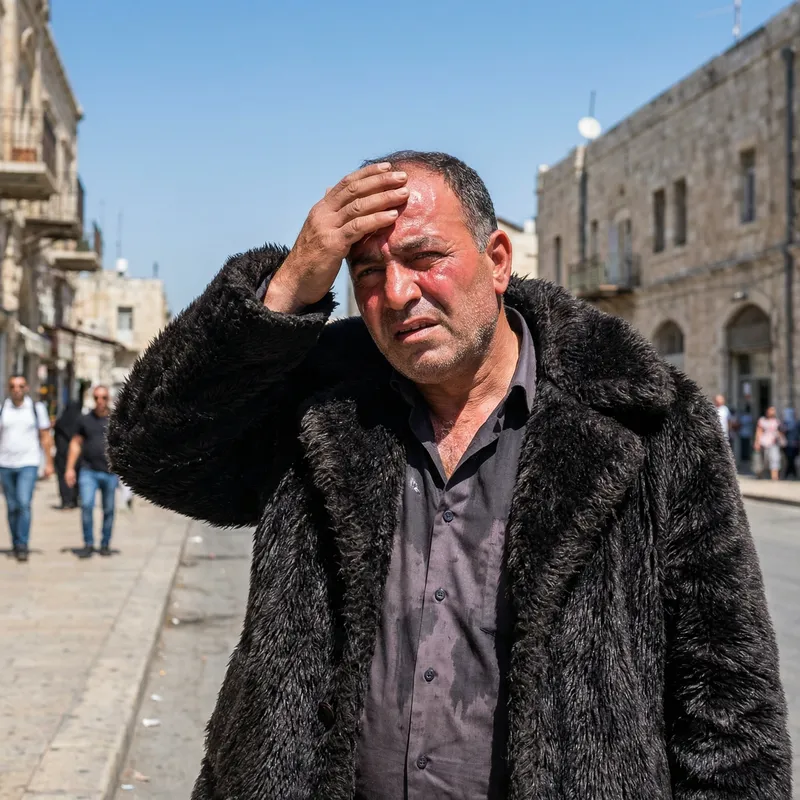 Middle-Eastern Man in Fur Coat Sweating in Sunlight Middle-Eastern Man in Fur Coat Sweating in Sunlight