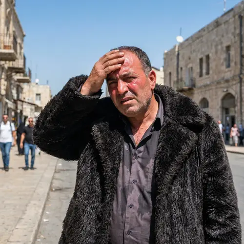 Middle-Eastern Man in Fur Coat Sweating under Sun