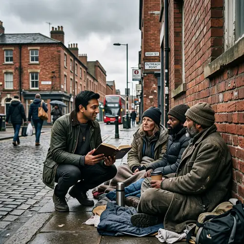 Compassionate Gospel Preacher Engaging with Homeless | UK City Scene