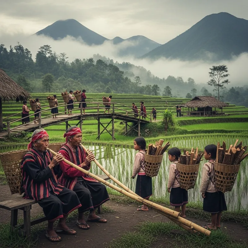 Cultural Village Scene with Bamboo Flutes