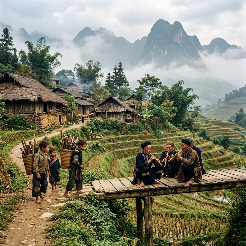 Cultural Village Scene with Bamboo Flutes Cultural Village Scene with Bamboo Flutes