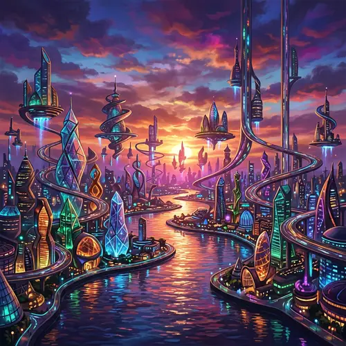 Vibrant Abstract Cityscape with Peculiar Shapes and Colorful Lights