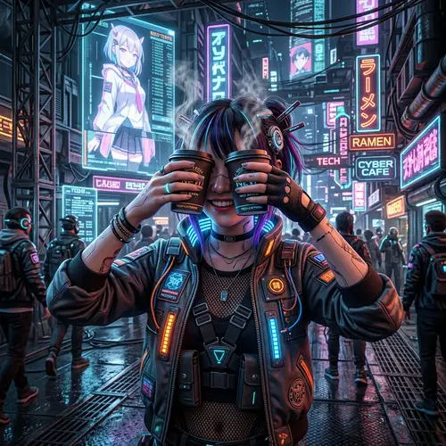 Cyberpunk Girl with Coffee: A Futuristic Vision