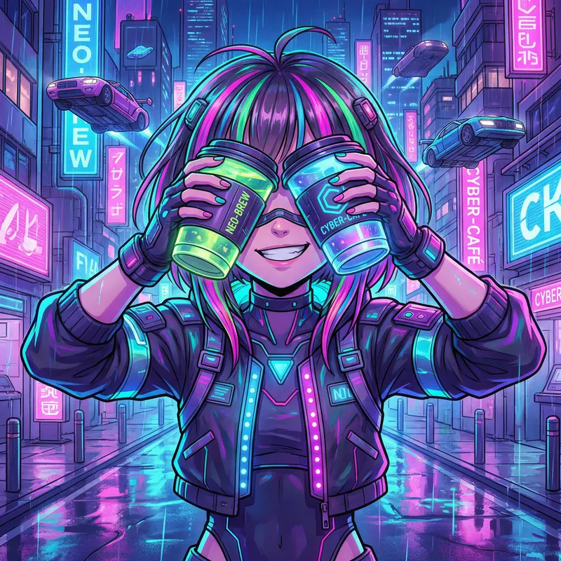 Playful Cyberpunk Anime Girl with Coffee Cups Playful Cyberpunk Anime Girl with Coffee Cups