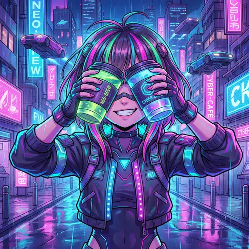 Playful Cyberpunk Anime Girl with Coffee Cups