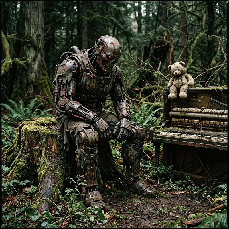 Creepy Rust-Covered Cyborg and Doll on Old Stump