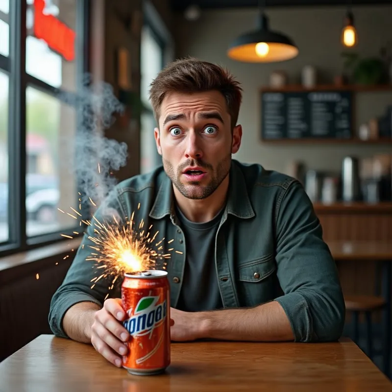 Surprising Energy Drink Moment in a Cozy Café Surprising Energy Drink Moment in a Cozy Café