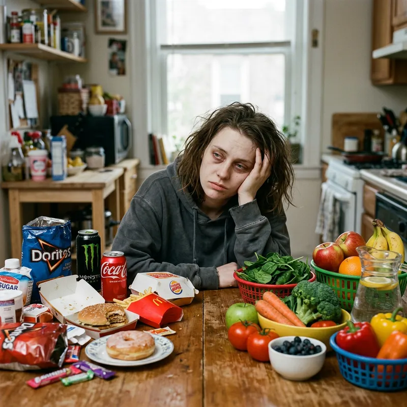 Hyper-Realistic Image of Fatigue and Food Choices