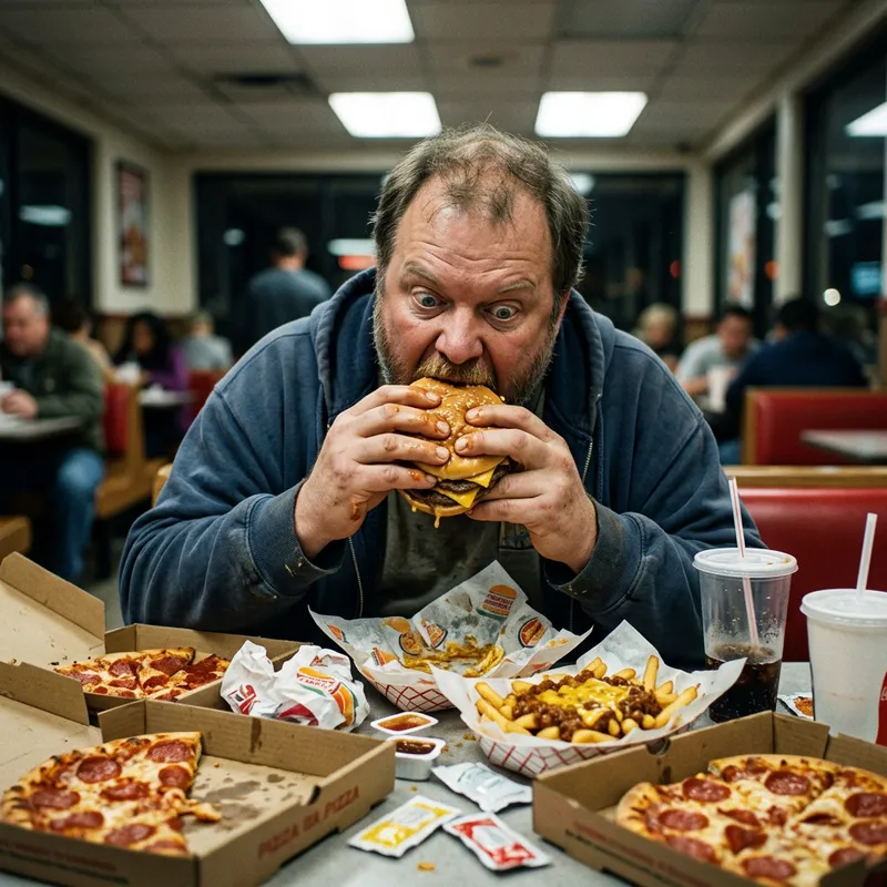 Hyperrealistic Image of Obese Person Eating Junk Food