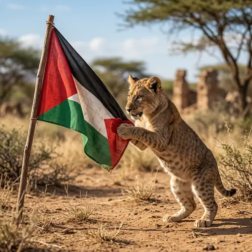 Playful Cat with Big Tooth and Palestine Flag Colors