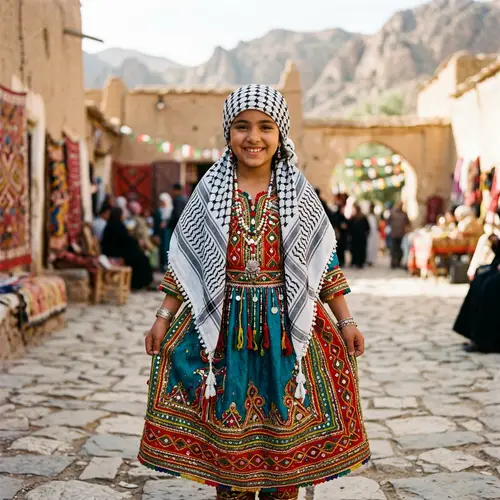Algerian Girl in Traditional Naili Dress with Palestinian Kufiya