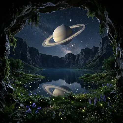 Nighttime Landscape with Fireflies, Lake, and Saturn in Sky