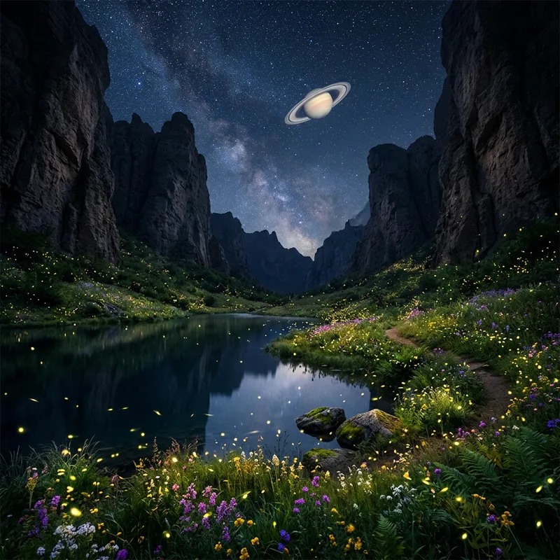 Enchanting Night Landscape: Cliffs, Fireflies, Lake, Saturn