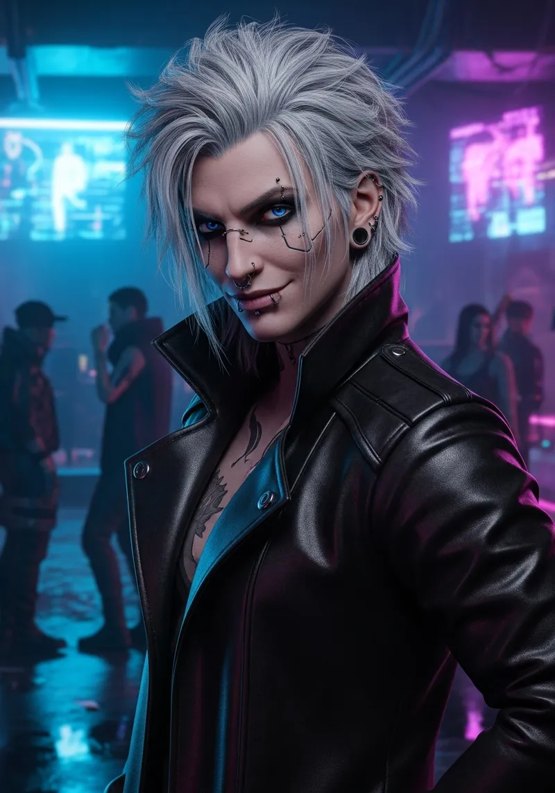 Confident Cyberpunk Character with Striking Features Confident Cyberpunk Character with Striking Features