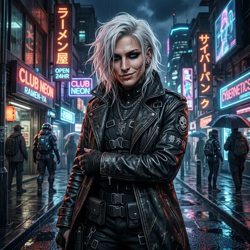 Confident Cyberpunk Character with Striking Features