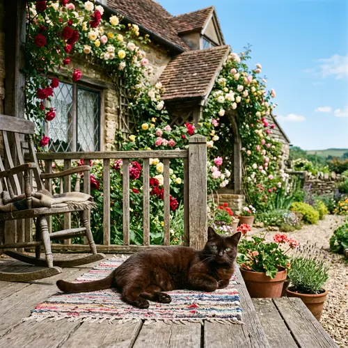 Sable-Colored Cat Lounging on Rustic Cottage Porch | Charm & Tranquility