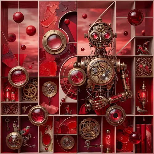 Hyper-Realistic Steampunk Art Featuring Red Circle Element
