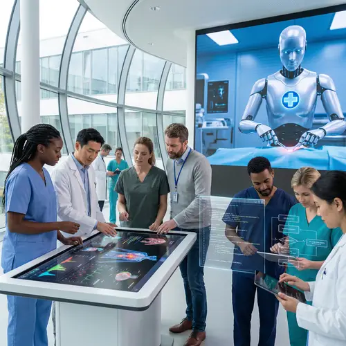 Futuristic Healthcare Tech: Diverse Knowledge Workers & AI Robots