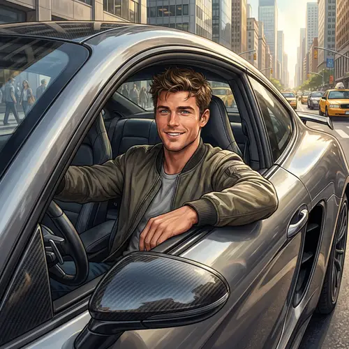 Modern Short-Haired Male in Car Portrait | City Street Scene