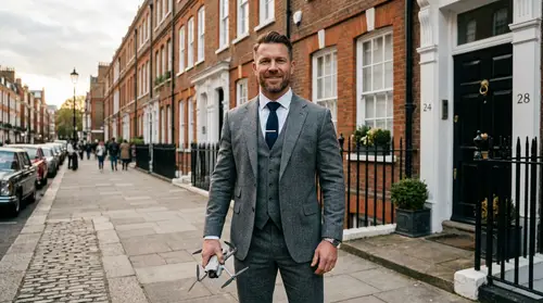 Confident Professional with Drone in Tailored Suit
