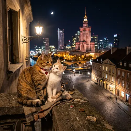 Romantic Cat in Warsaw at Night
