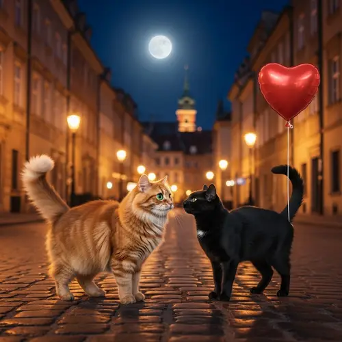 Romantic Cat in Warsaw at Night