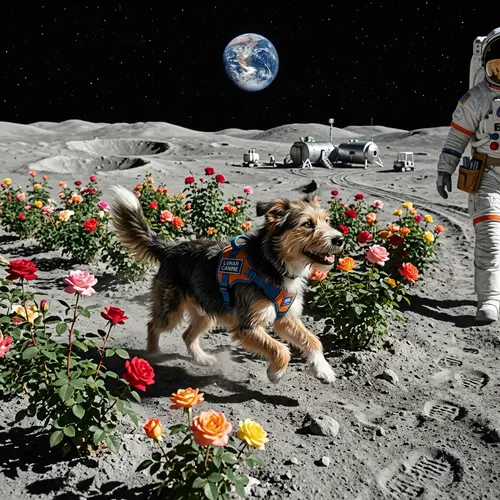 Canine Running in Moon Rose Garden: Companion Awaits