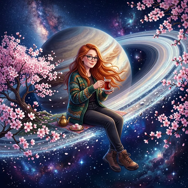 Serene Red Haired Girl Enjoys Turkish Tea on Saturn's Ring Serene Red Haired Girl Enjoys Turkish Tea on Saturn's Ring