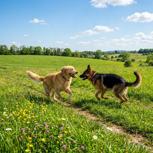 Golden Retriever and German Shepherd Play in Lush Green Field