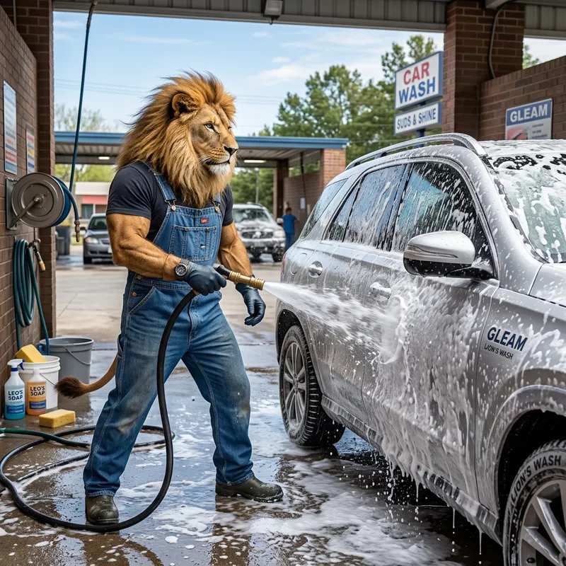 Humanoid Lion Cleaning Car | Fantastic Car Wash Scene Humanoid Lion Cleaning Car | Fantastic Car Wash Scene