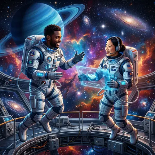 Unity in Space: Futuristic Scene of Diverse Astronauts Communicating