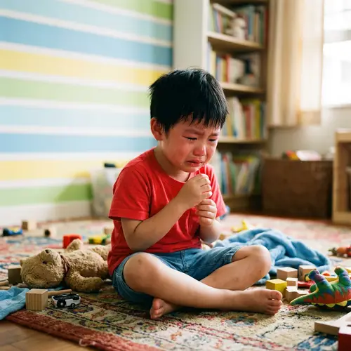 Young Asian Boy Crying in Gently Lit Room