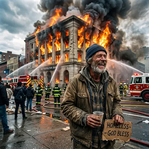 Smiling Homeless Man Amid Burning Bank - Hopeful Expression