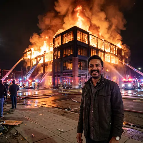 Smiling Guy in Front of Burning Bank | VTB Fire Incident