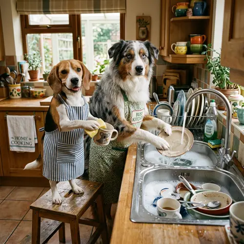 Adorable Dogs Washing Dishes: Aussie & Beagle