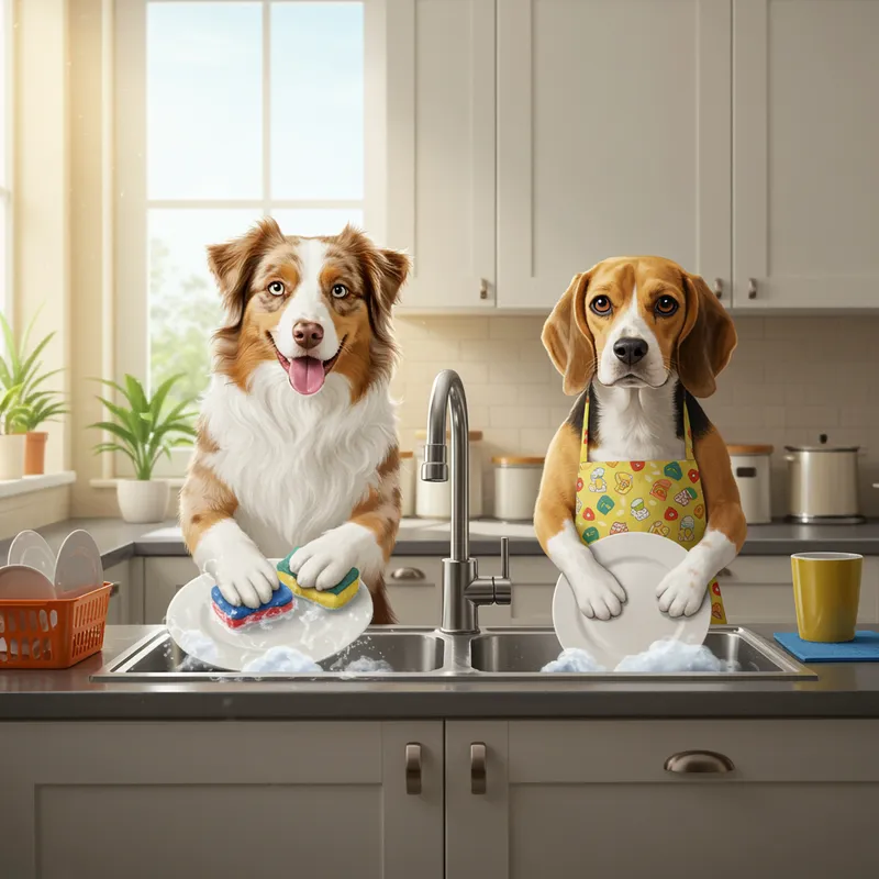 Adorable Dogs Washing Dishes: Aussie & Beagle