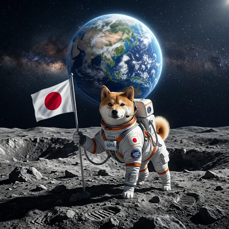 Adorable Shiba Inu in Spacesuit with Japanese Flag on Moon - Whimsical Space Exploration