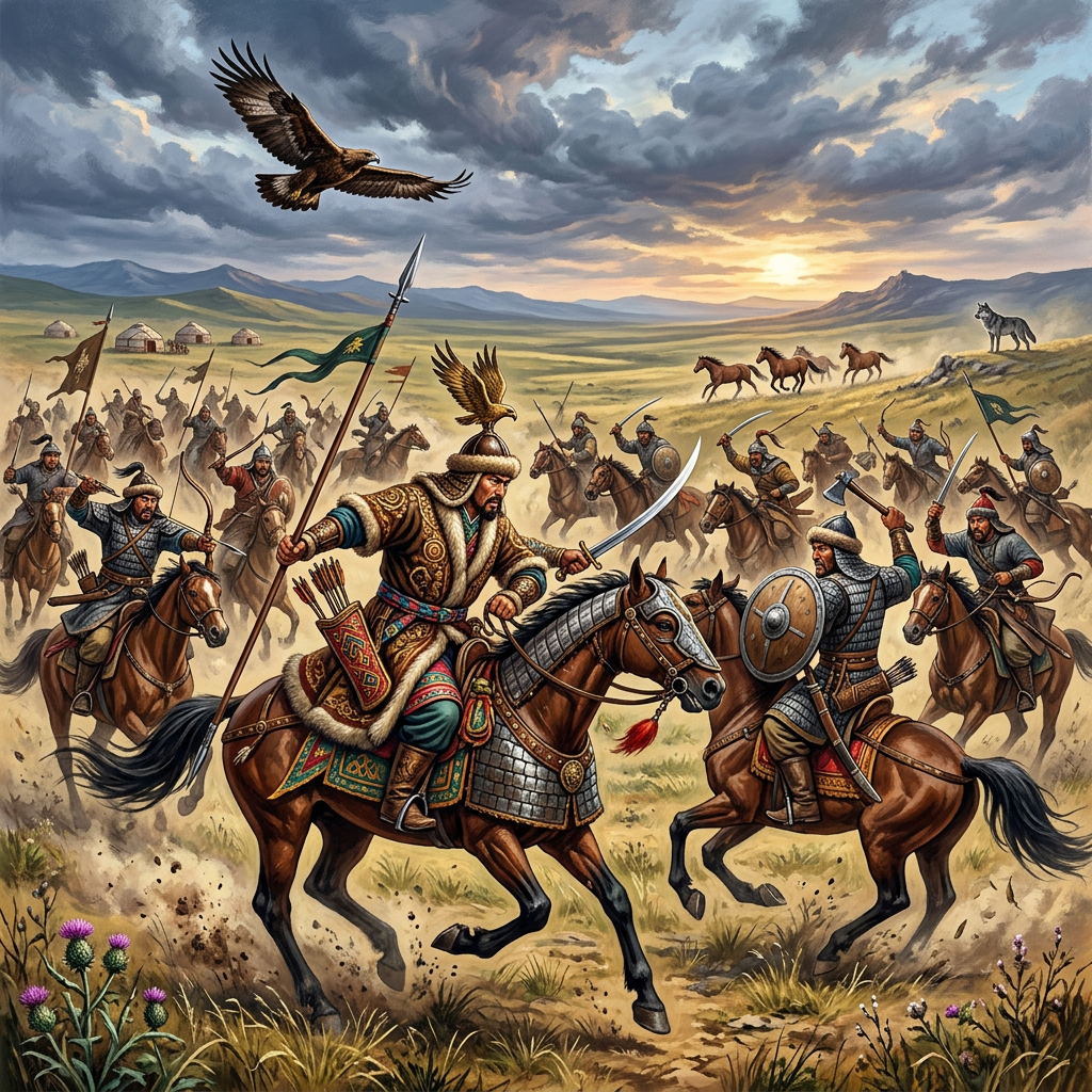 Mongolian Hero with Horse in Traditional Attire | AI Art Generator