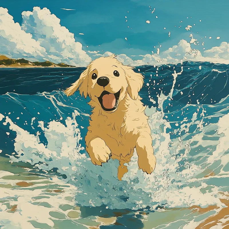 Cute Retriever Puppy in Miyazaki Style Ocean Scene