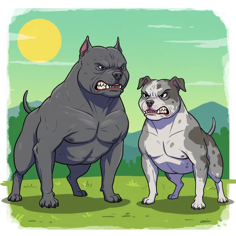 Angry Cartoon American Bullies: Gray Male & Spotted Female